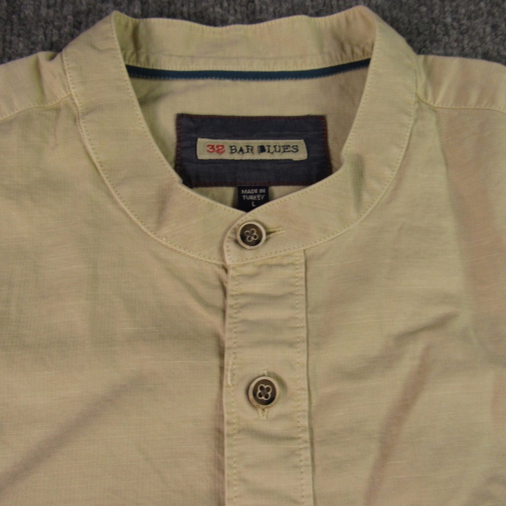 32 Bar Blues Shirt Mens L Tan Cotton Linen Blend Band Collar Short Sleeve Summer
